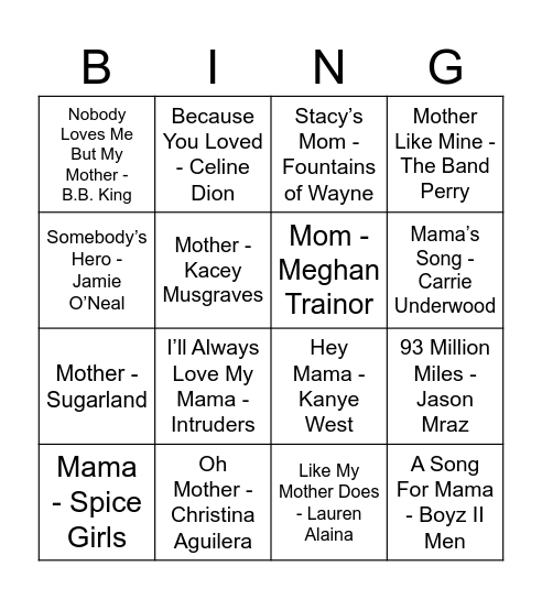 Mother's Day Music Bingo Card