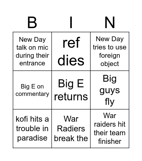 War Radiers vs New Day Bingo Card