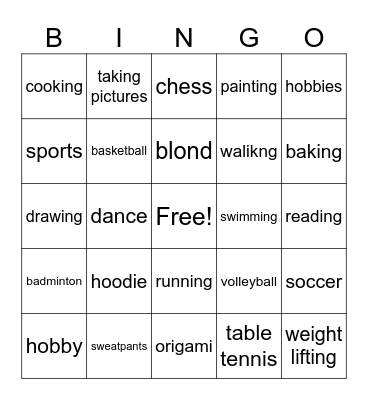 Hobbies  Bingo Card