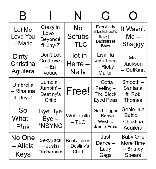 Throwback Jams Bingo Card