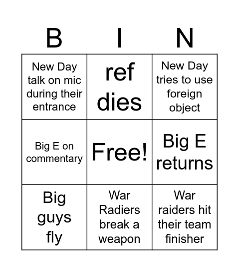 War Radiers vs New Day Bingo Card