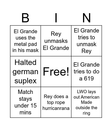 Rey Mysterio vs El Grande Americano Bingo Card