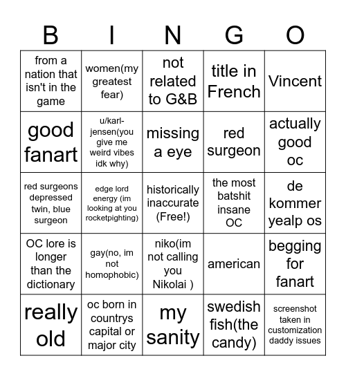r/G&B OC's bingo Card