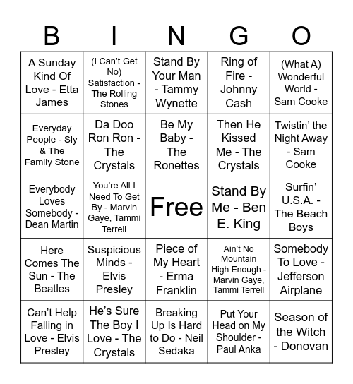 60's Music Bingo Card