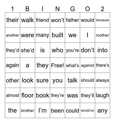 Heart Word BINGO Card