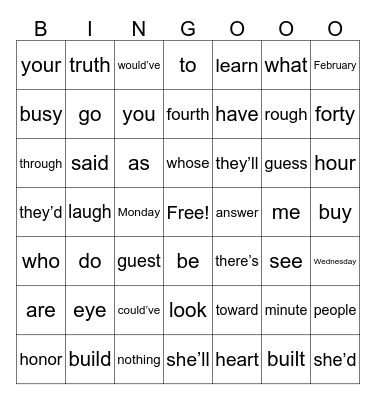Heart Word BINGO Card