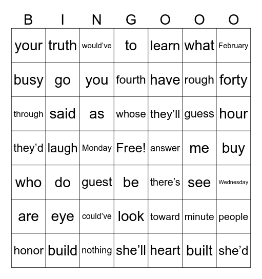 Heart Word BINGO Card