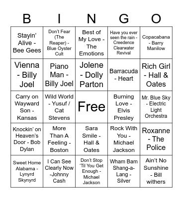 70's Music Bingo Card