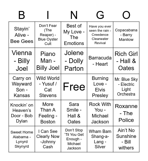 70's Music Bingo Card