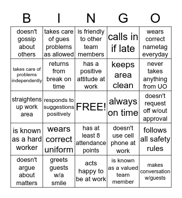 Evaluation Criteria Bingo Card