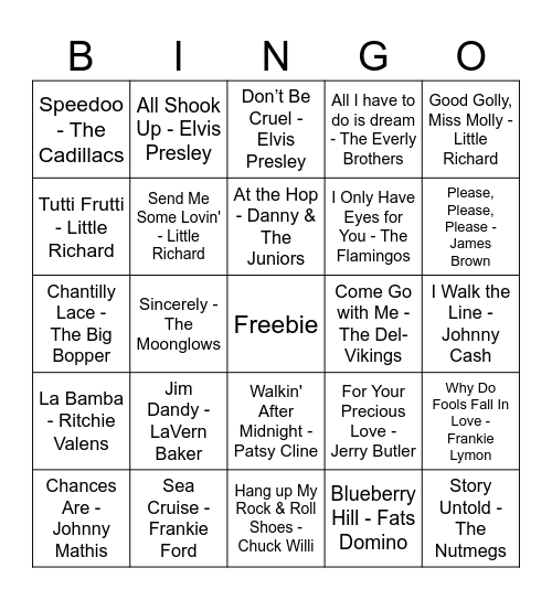50's Music Bingo Card