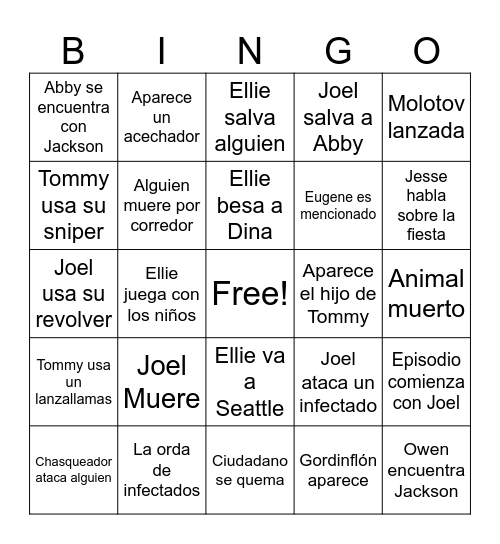 The Last Of Us Season 2 Episode 2 Bingo Card