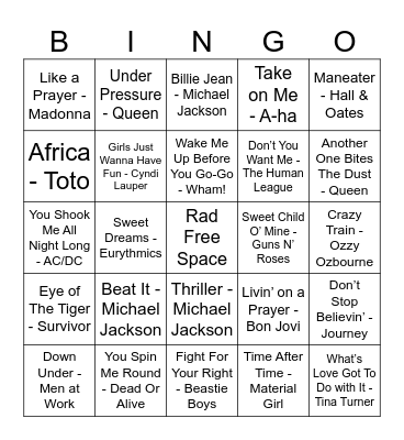 80's Music Bingo Card