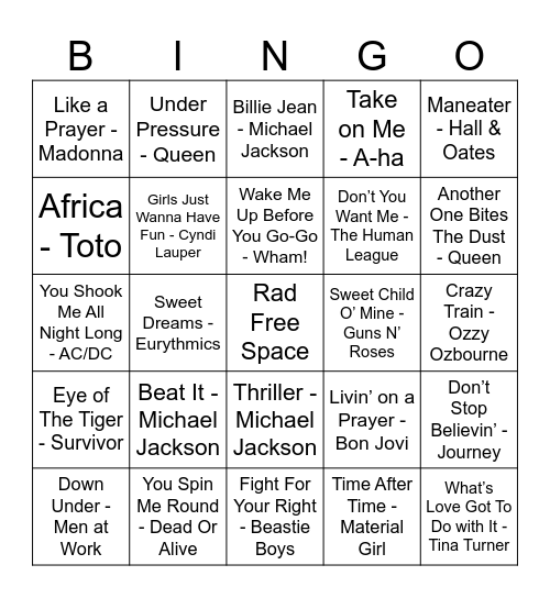 80's Music Bingo Card