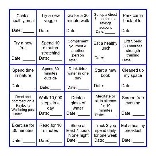 Wellbeing Bingo Card