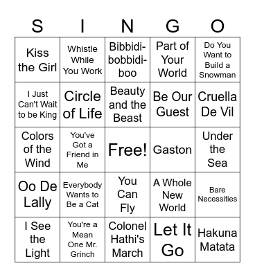 DISNEY SONGS Bingo Card