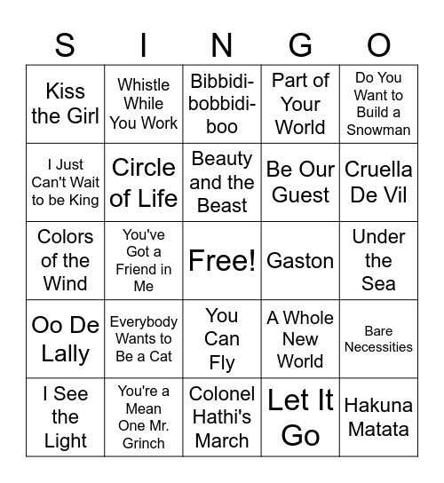 DISNEY SONGS Bingo Card