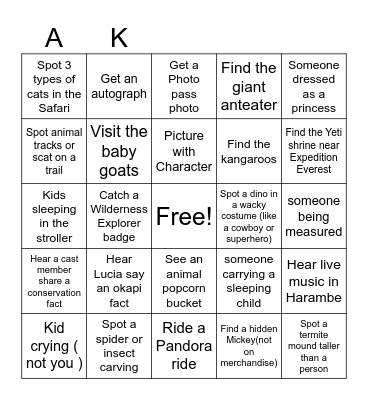 Animal Kingdom Bingo Card