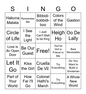DISNEY SONGS Bingo Card