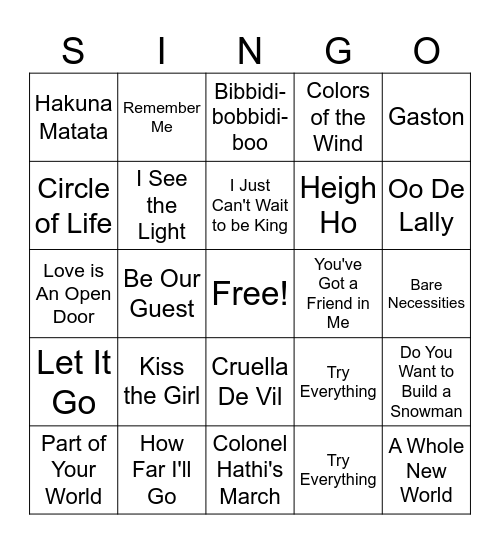 DISNEY SONGS Bingo Card