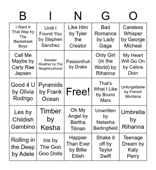 Song Bingo!! Bingo Card