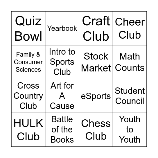 Activities BINGO Card