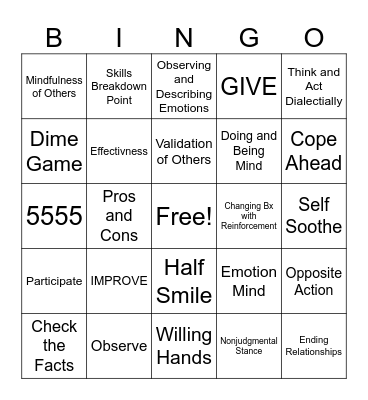 DBT Skills Bingo Card