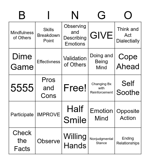 DBT Skills Bingo Card
