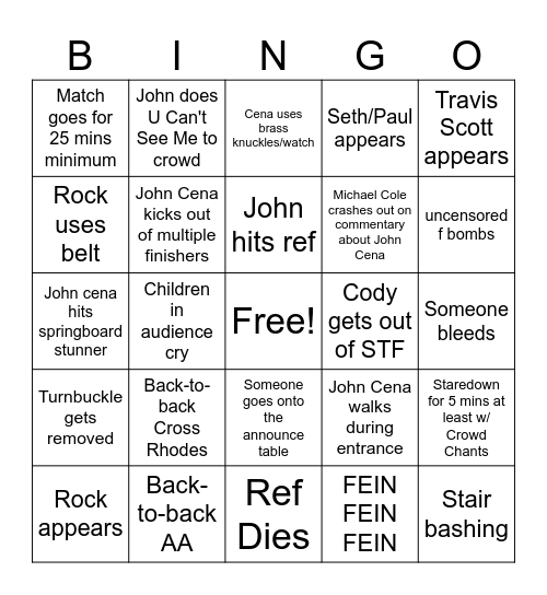 Cody vs John Bingo Card