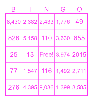 Place Value Bingo Card