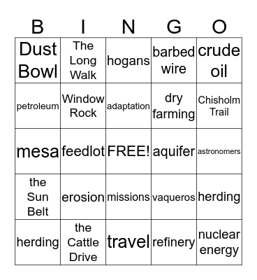 The Southwest Bingo Card