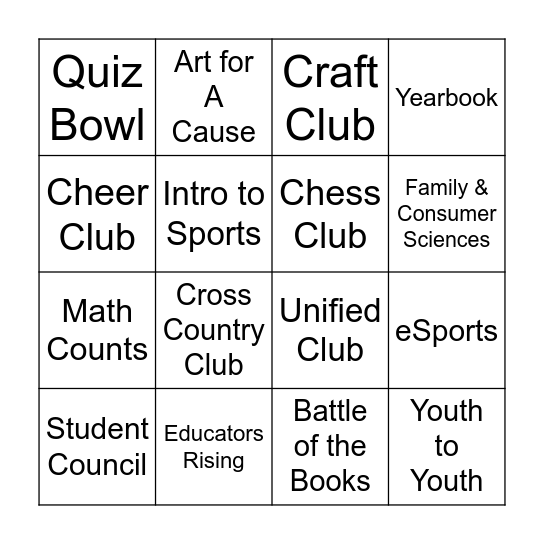 BMS Activities Bingo Card
