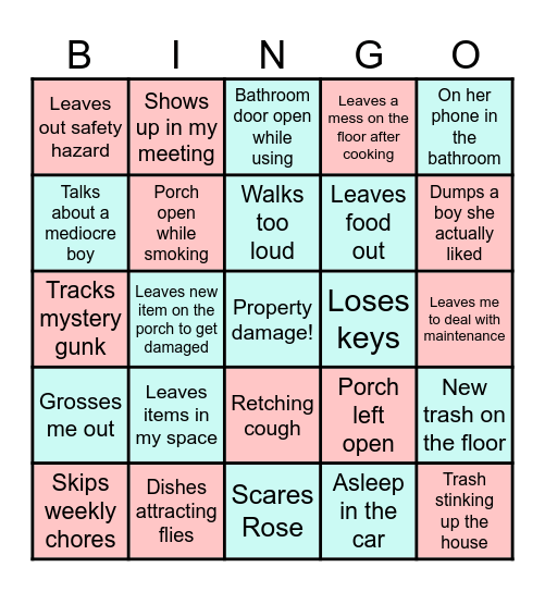 Bad Roommate Bingo Card