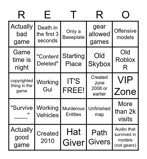 Ultimate Old Roblox Place Bingo (RETRO) Bingo Card