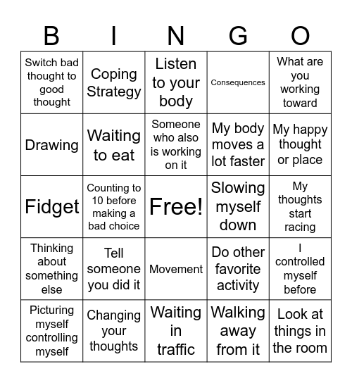 Impulse Control Bingo Card