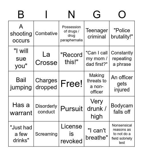 Bodycam Bingo Card