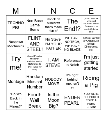 A MINECRAFT MOVIE Bingo Card