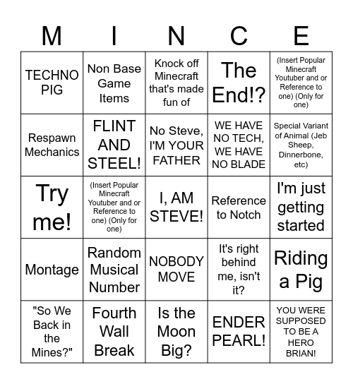 A MINECRAFT MOVIE Bingo Card