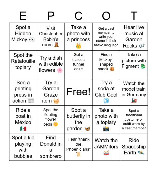 EPCOT Bingo Card