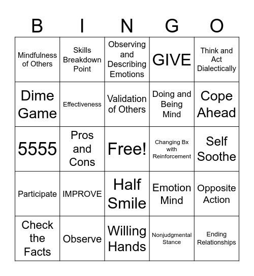 DBT Skills 2 Bingo Card