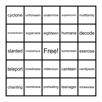 multisylabic words Bingo Card