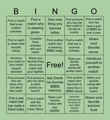 Bigs Littles and Bingo Card
