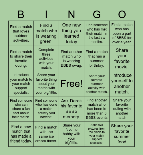 Bigs Littles and Bingo Card
