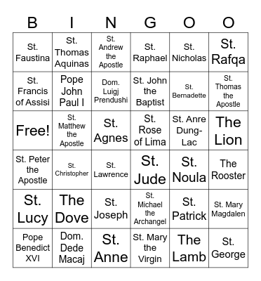 All Saints Bingo Card