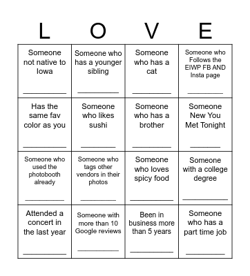 Wedding Vendor Networking Bingo Card