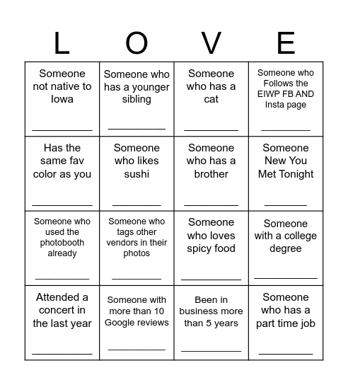 Wedding Vendor Networking Bingo Card
