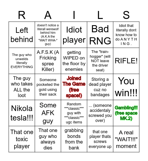 silly dead rails bingo Card