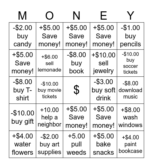 Earn, Save, Spend Bingo Card