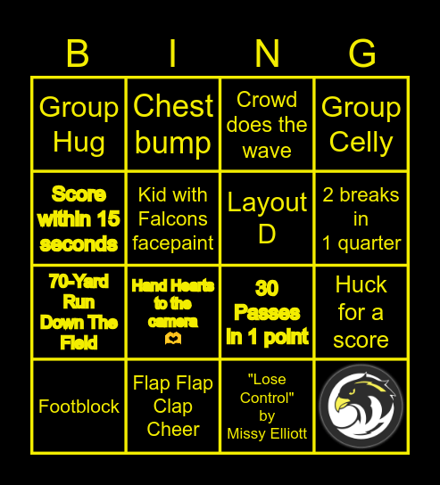 Bay Area Falcons Bingo Card