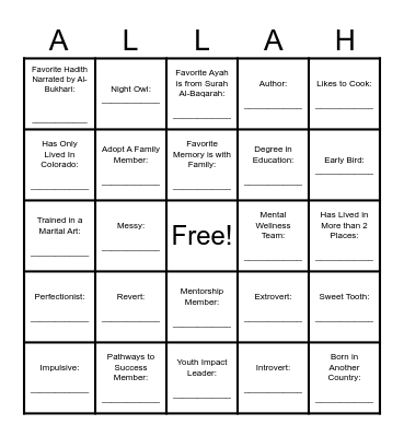 MYPI: ALL ABOUT ME BINGO Card